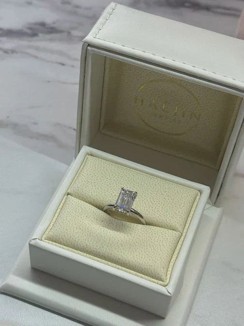 Haejin Jewelry ring presentation box with lab-grown diamond engagement ring inside