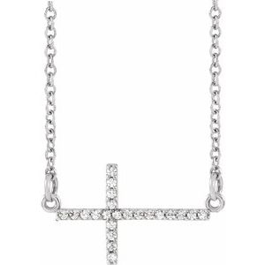 14K White 1/10 CTW  Lab-Grown Diamond Sideways Cross 16-18" Necklace