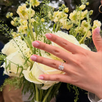 emerald-cut-pave-engagement-ring-on-hand-with-bouquet-haejin-jewelry-customer Haejin Jewelry Review Williamsburg Brooklyn