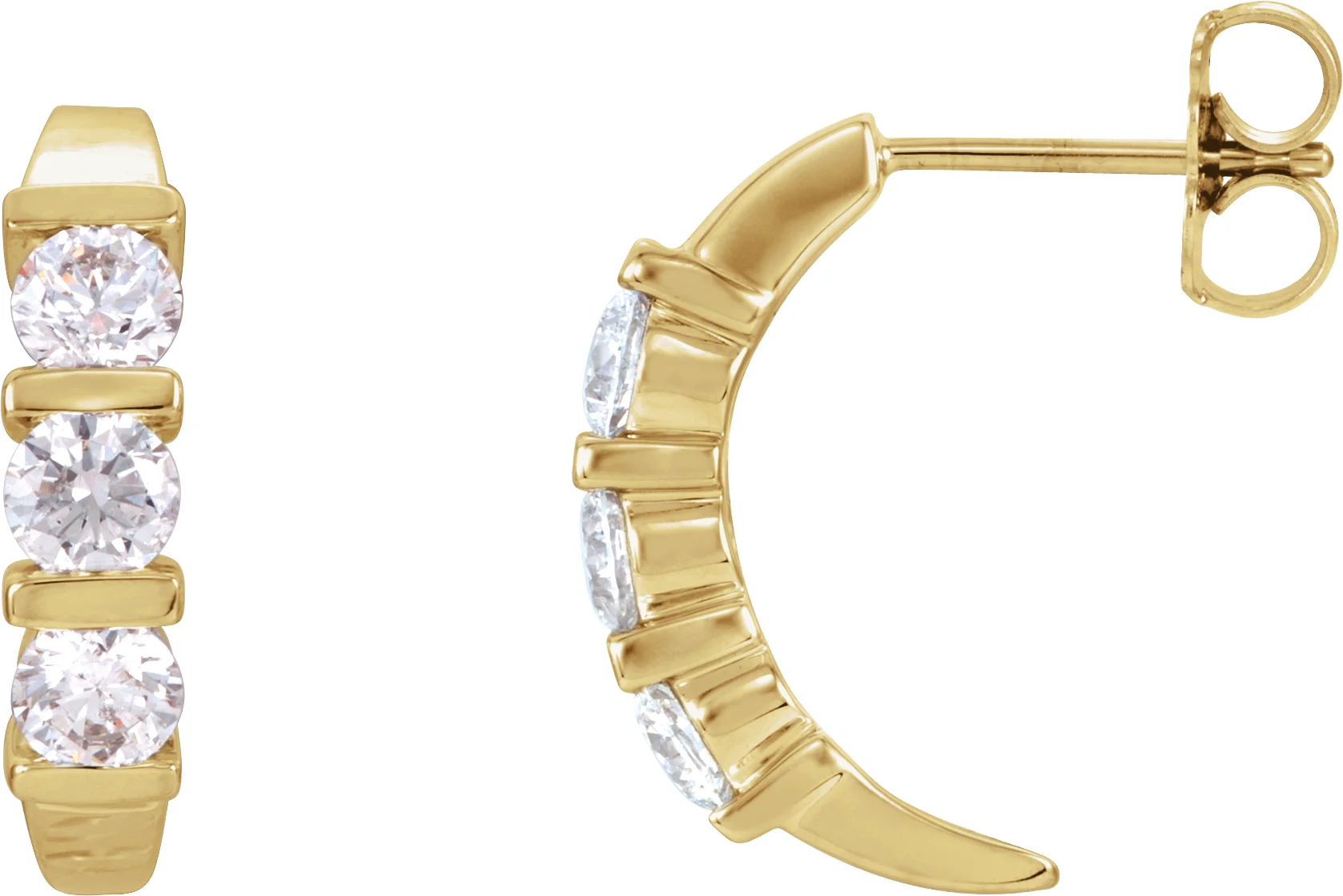 Three-Stone J-Hoop Earrings in 14K Yellow Gold | Haejin Jewelry Brooklyn