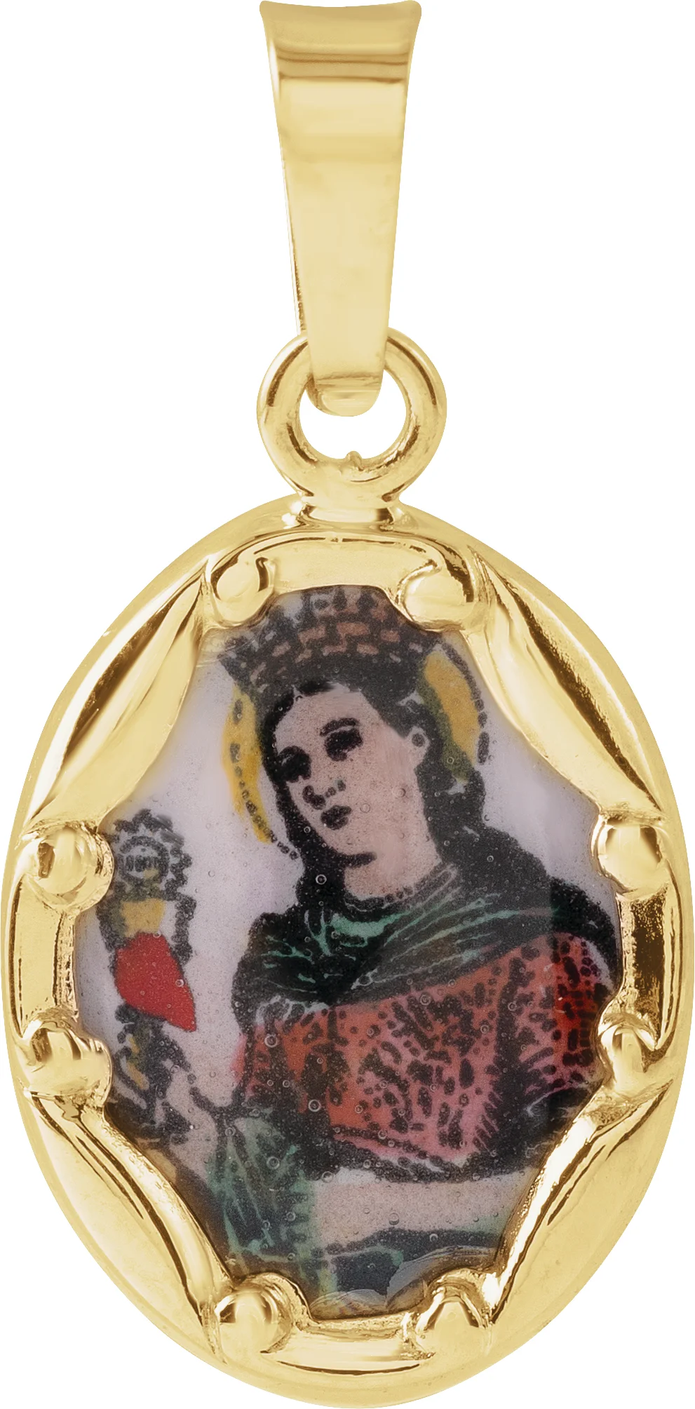 Hand Painted Porcelain St. Barbara Medal in 14K Yellow Gold | Haejin Jewelry Brooklyn