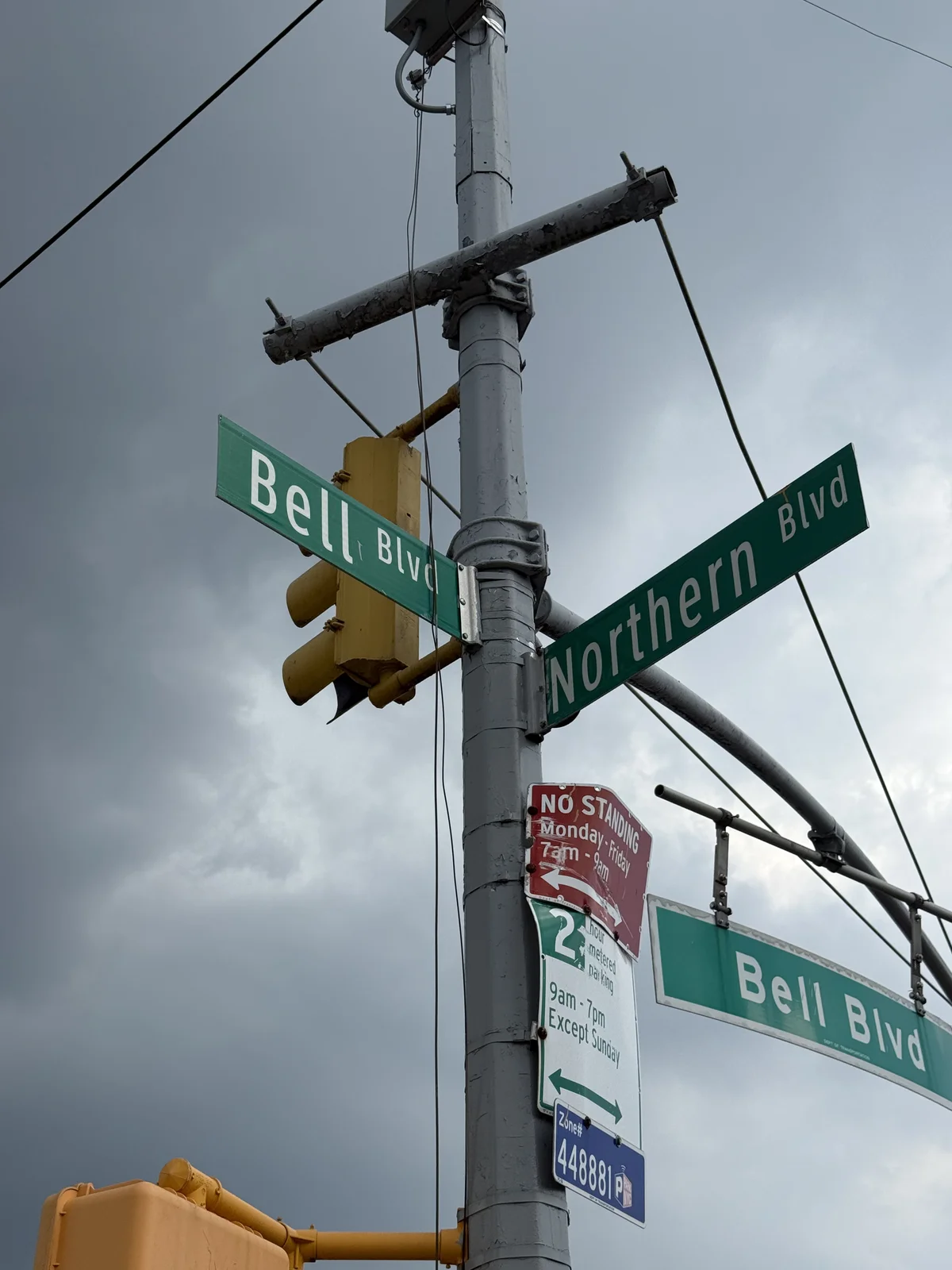 Bell Boulevard and Northern Boulevard street sign intersection in Bayside Queens