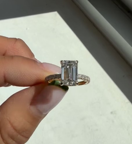 Emerald cut lab-grown diamond engagement ring with pave band, custom designed at Haejin Jewelry Brooklyn