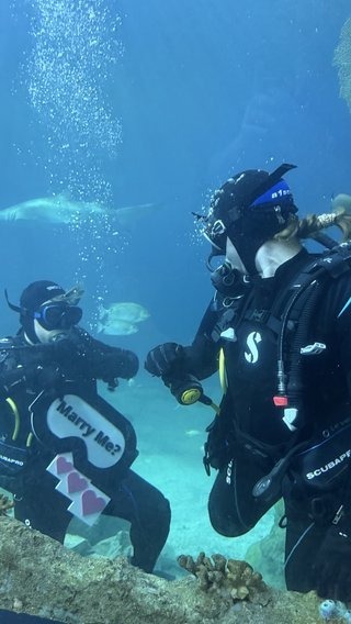 Play Shea's underwater scuba diving proposal video with Haejin Jewelry engagement ring