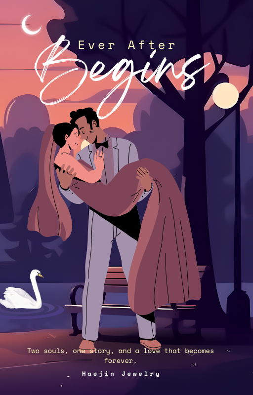 Illustrated wedding couple with the words Ever After Begins, romantic artwork by Haejin Jewelry