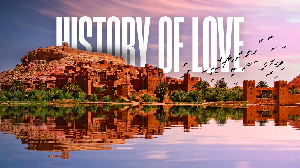 Ancient architecture with sunset and birds, symbolic of the history of love and rings through time