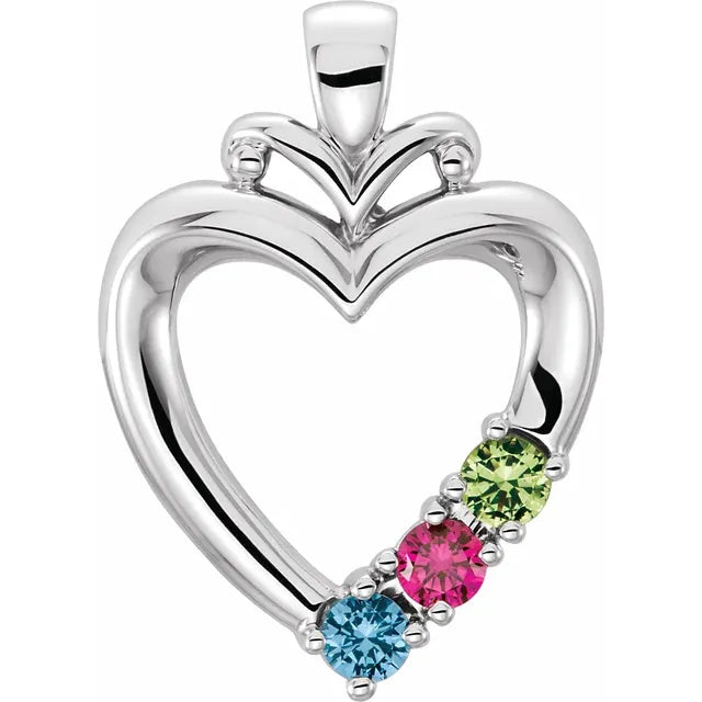 14K White 3-Stone Family Heart Pendant