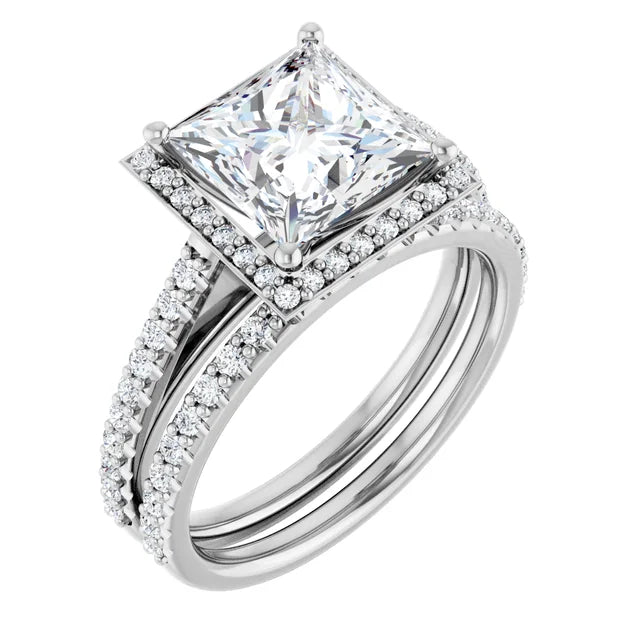 14K White Square Halo Lab-Grown Diamond Engagement Ring Semi-Set