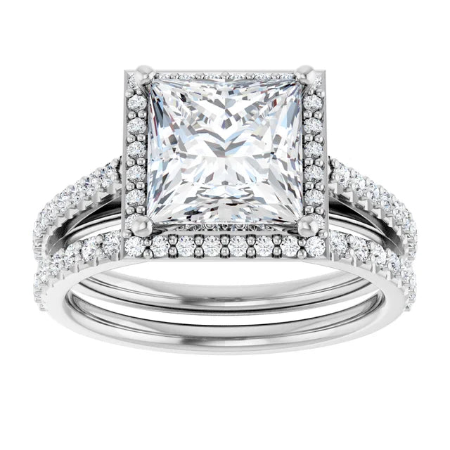 14K White Square Halo Lab-Grown Diamond Engagement Ring Semi-Set