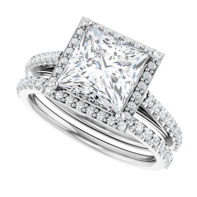 14K White Square Halo Lab-Grown Diamond Engagement Ring Semi-Set